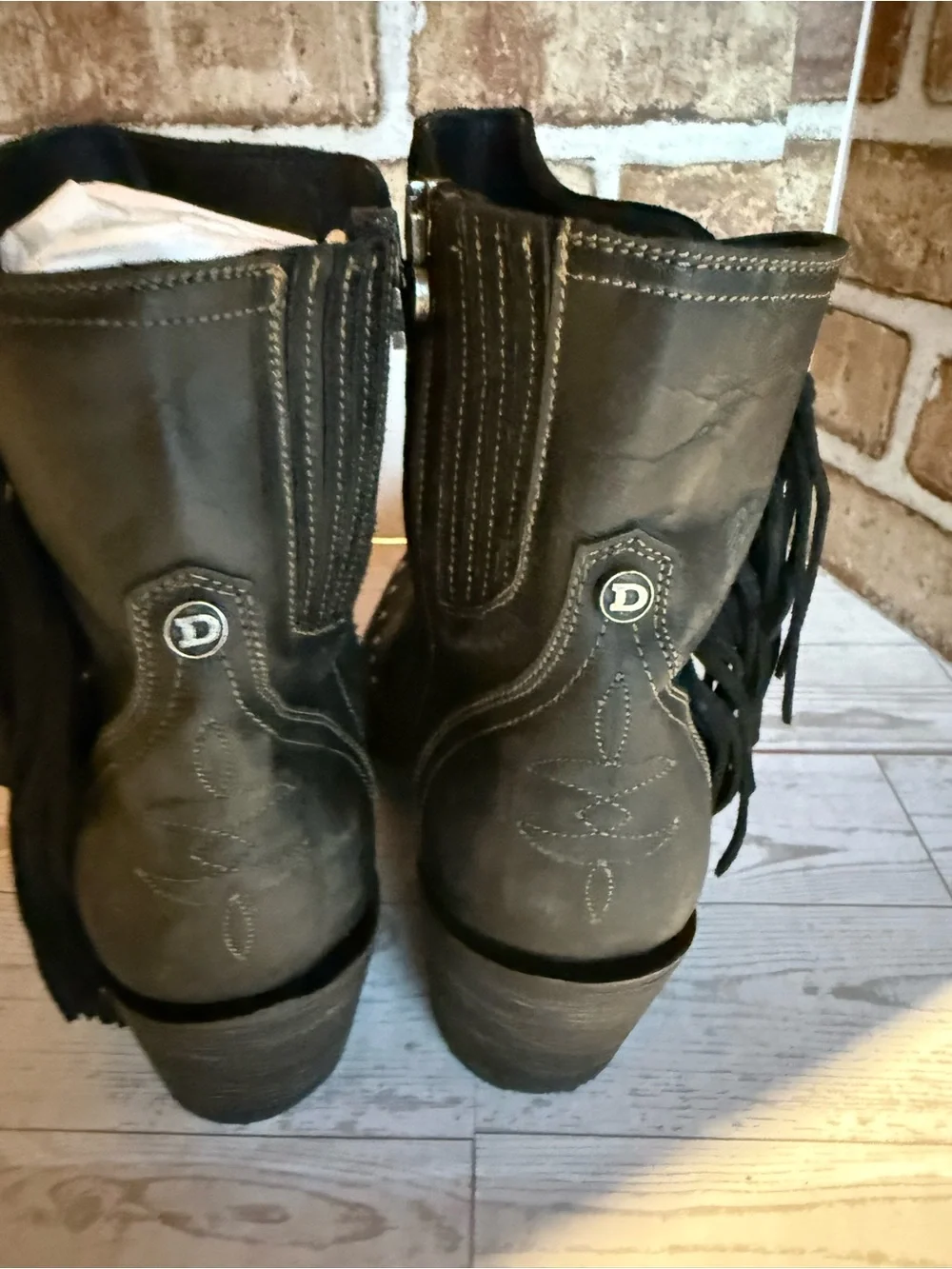 Double D Ranch Black Leather Western Fringe Ankle Boots with Turquoise Accents - Picture 6 of 11